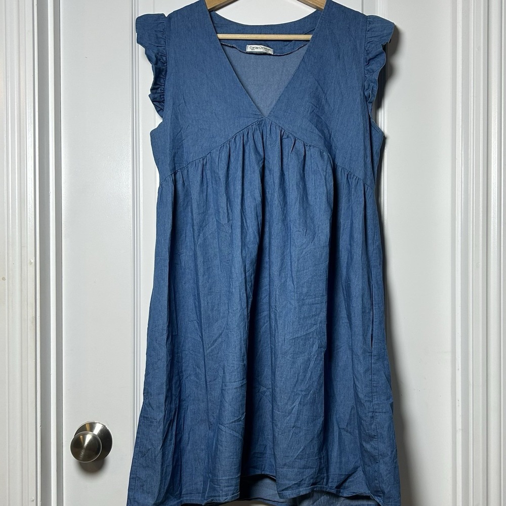Carole Christian Blue Chambray Babydoll Mini Dress Flutter Ruffle Sleeves V-Neck